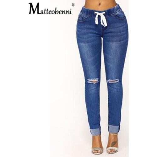 2020 Autumn Fashion Jeans Women Elastic Waist Of Trousers Skinny Pants Blue With Hole Stretch Skinny Hip Raise Sexy Pencil Pants