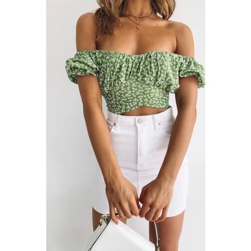 Women Boho Cropped Tops Floral Print Off Shoulder Sexy Crop T shirts Puff Sleeve Sexy Backless Lace up Pleated clothes women