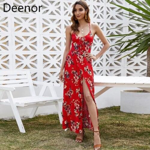 WYBLZ 2021 Summer Sexy Maxi Dress Slit Backless Flower Print Boho High Waist Long Lace-up Red Bohemian Holiday Casual Dress