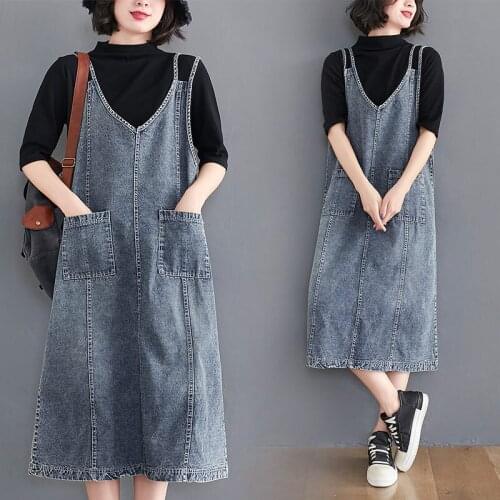 Plus Size Womens Denim Strap Dress Summer 2021 New Loose Korean Version Vintage Pockets Suspender Dress Midi Jeans Vestido M212