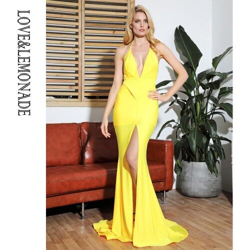 LOVE&LEMONADE Sexy Yellow Deep V-Neck Open Open Back Bodycon Party Elastic Fabric Maxi DressLM81702