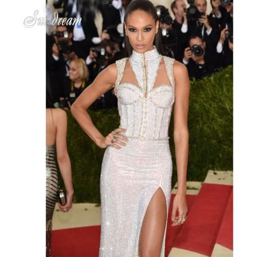 2020 Summer White Black Runway Dress Women Bodycon Diamonds Black Cut Out Hot Lady Sexy Vestidos Evening Party Dress Maxi Dress