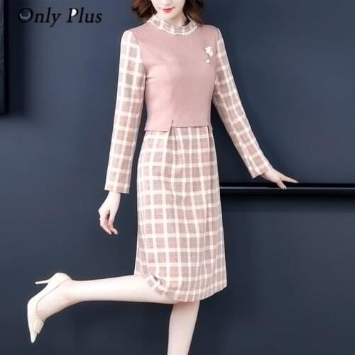 Only Plus Autumn 2021 Womens Sweet O-neck Retro Plaid Dress Temperament Fake Two-piece Long-sleeved Slimming Mid-length Skirt