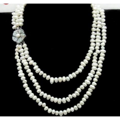 3 strands Side Hole Rice White Pearl Necklace for Women Jewelry with Shell Clasp