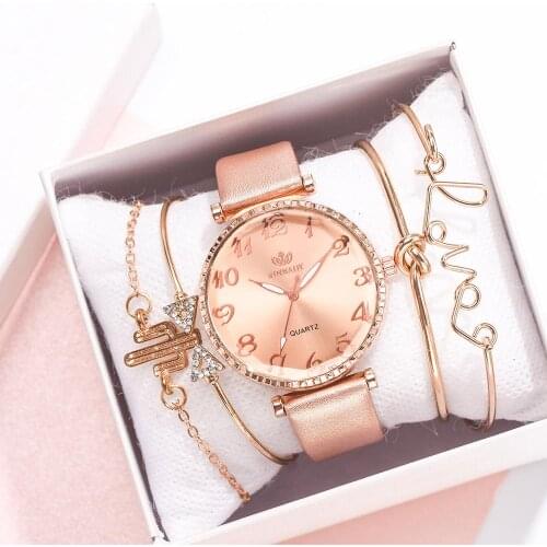 5pc/set New Fashion Women Watches Round Arabic Numerals Leather Watch Women Dress Ladies Wristwatches Luxury Bracelet Watch Set