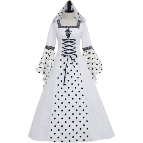 White Medieval Victorian Renaissance Gothic Dress Hooded Polka Dot Women Dress Clothing Custom Made