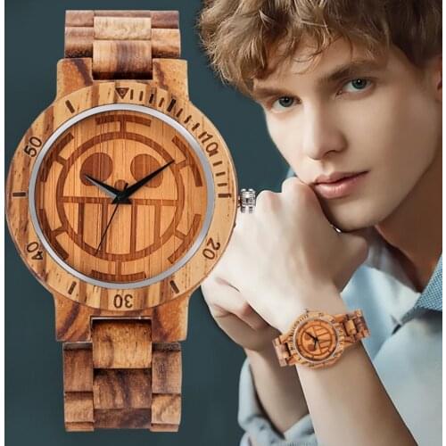Engraved Anime Pattern Display Wooden Watch Cartoon Skull Dial Clock Male Full Wooden Adjustable Band Men Wrist Quartz Watches