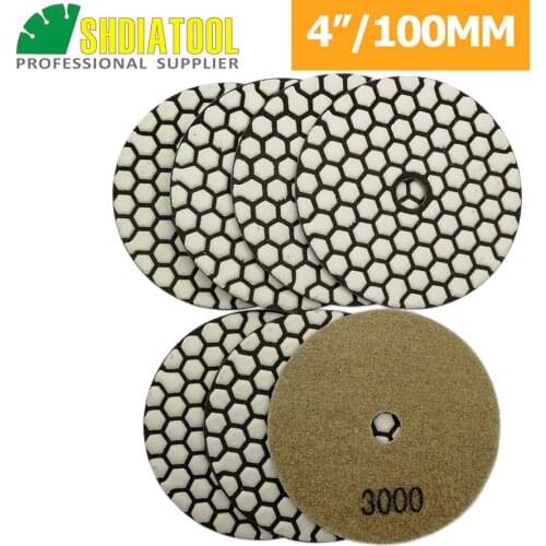 SHDIATOOL 7pcs 4"/100mm Diamond Dry Polishing Pad Grit#3000 Sanding Disk Flexible Granite Marble Ceramic Artificial Stone Polish