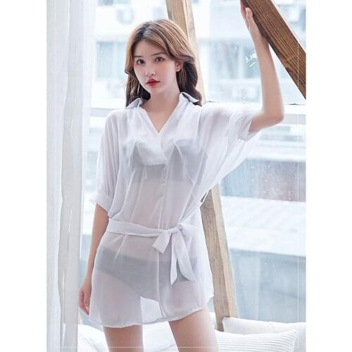 Elegant Slim White Blouses Women Summer Thin Chiffon Shirt Translucent Nighty Casual Home Top Blouse Shirt Sweet Korean Style
