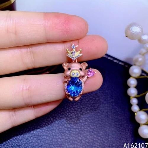 Exquisite Jewelry 925 Sterling Silver Inlaid With Natural Blue Topaz Girl Luxury Elegant Pig OL Style GEM PENDANT NECKLACE Suppo
