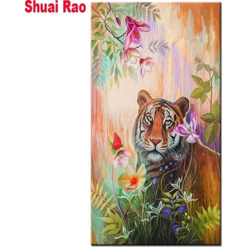 Full square Round diamond Mosaic Tiger Flowers Wall Art diamond embroidery 5D rhinestone Painting diamond inlaid pattern Animals