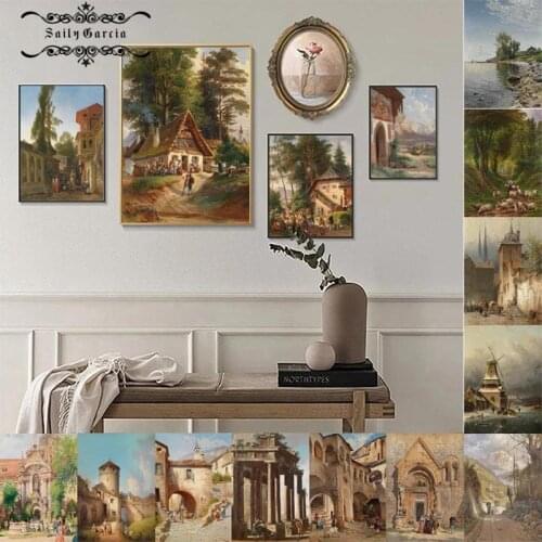 Impression of Retro House Building Landscape Painting Urban Street Crowd Home Bedroom Wall Art Canvas Poster Hanging Painting