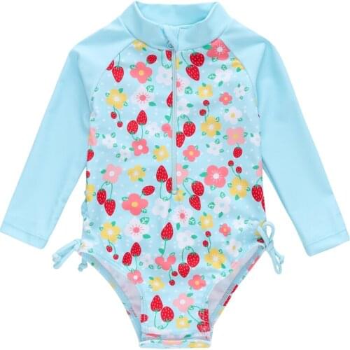 KAVAKS Baby Girl Swimsuit One Piece Long Sleeve Girls Kids Swimwear Flower Print Newborn Body bebe Clothing
