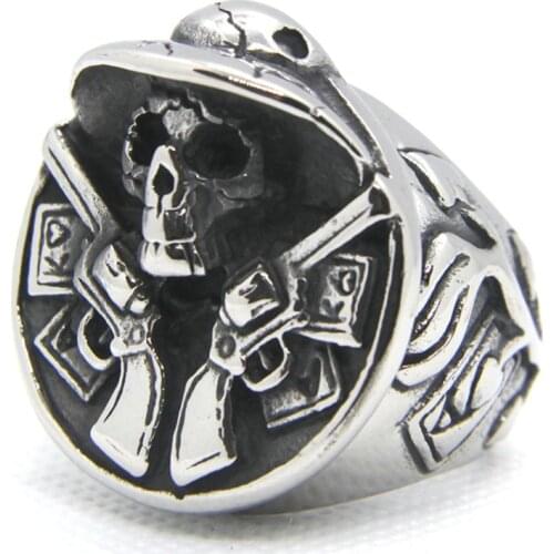 Support Dropship Newest Size 7-14 Gouble Guns Pirate Ring 316L Stainless Steel Jewerly Poker Card Skull Ring
