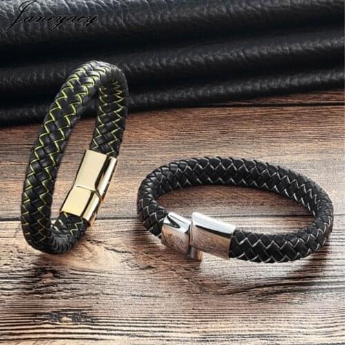 2018 Mens Jewelry Black Braided Genuine Leather Bracelet Stainless Steel Magnetic Buckle Women Bracelet Mens Puleseras 19/21cm