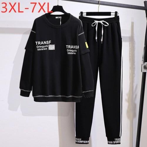 New Ladies Autumn Winter Plus Size Sports Sets For Women Large Black T-shirt And Long Pants Training Suit 3XL 4XL 5XL 6XL 7XL