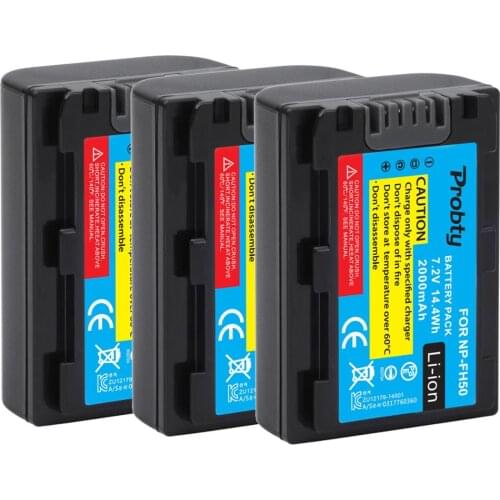 Probty 3Pcs NP-FH50 NP FH50 NPFH50 Rechargeable Battery For Sony A230 A290 A390 DSC-HX1 HX100 HX200 HDR-TG1E TG3 TG5 TG7 Camera