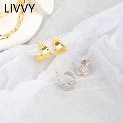 LIVVY Silver Color C-Shaped Wide Glossy Earrings For Women Simple Geometric Ear Jewelry 2021 Trend