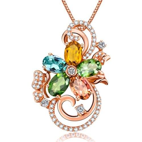 Rhinestone Colorful Flower Butterfly Pendant Necklace For Women Jewelry High Quality Silver Plated Chain Necklace For Lady