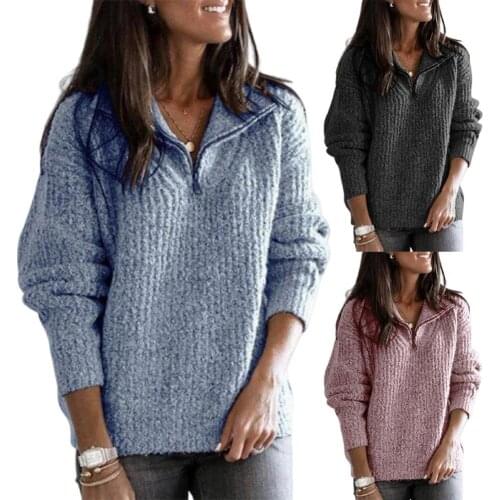 New Winter Womens Sweaters Zipper Comfortable Spandex Long Sleeve Top V-Neck Knit Sweater for Daily Life Tops Female Warm Coat