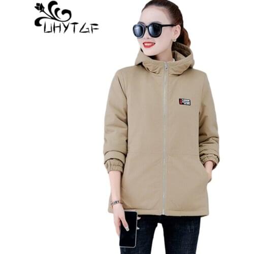 UHYTGF Lamb Cashmere Spring Cotton Coat Women Hooded Casual Warm Short Jacket Korean 4XL Plus Size Outerwear Parker Female 195