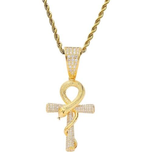 Hip Hop Micro Paved AAA CZ Stone Bling Ice Out Egypt Life Key Snake Ankh Cross Pendants Necklace for Men Rapper Jewelry Gold