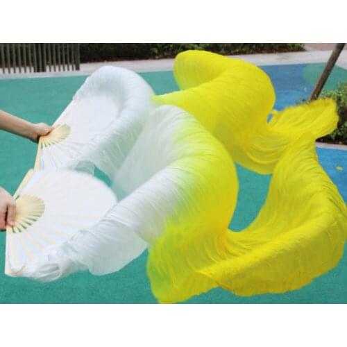 2016 female high quality Chinese silk veils dance fans Pair of belly dancing fans cheap hot sale white + yellow