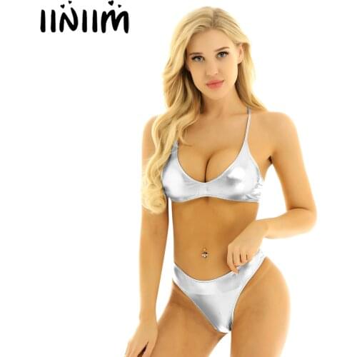 Iiniim 2Pcs Womens Shiny Metallic Bikini Set for Swimsuit Swimwear Strappy Cross Back Crop Top with Low Rise Briefs Underwear