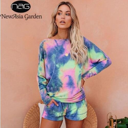 NewAsia Tie Dye Print Two Piece Set Tracksuit Long Sleeve Tops And Pocket Shorts Set Women Clothes 2020 Summer Outfits Matching