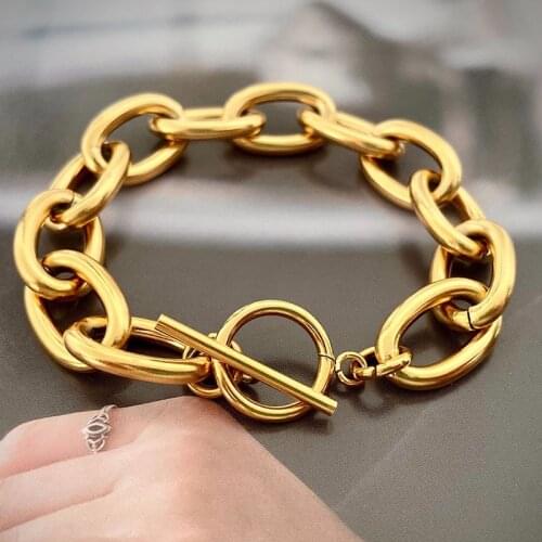 Stainless steel gold chunky chain bracelet for women t-bar bold bracelet bangle punk fashion women 2021