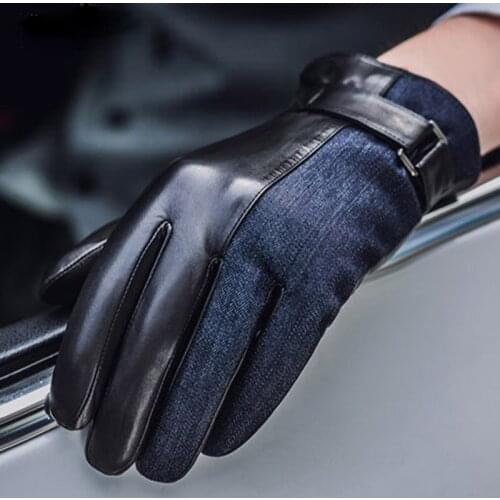 Winter Men Sheepskin Gloves Fashion Patchwork Genuine Leather Driving Glove Wrist Solid Five Finger Thermal NM774-5