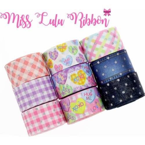 1-1/2"38mm Mini Glitter Dots Jeans Printed Grosgrain Ribbon Colorful Hearts Check Patterns Hair Band Making 50yards/roll
