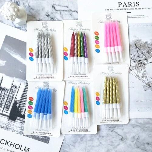 10pcs/card Cake Candles Metallic Kids Birthday Candles Long Thin Candles in Holders for Birthday Wedding Party Cake Decorations