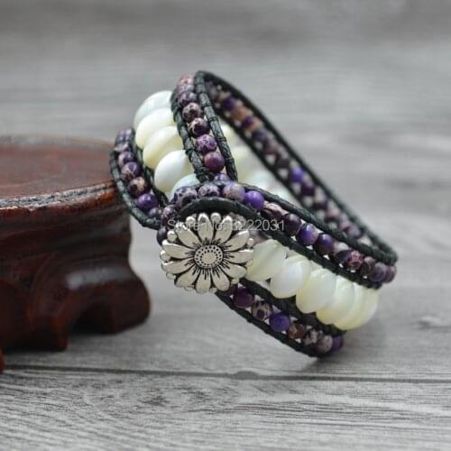 Natural Stones Wrap Bracelet Women Wide Boho Cuff Bangles with White Shell Beads One Layer Spring Bracelets with Flower Clasp