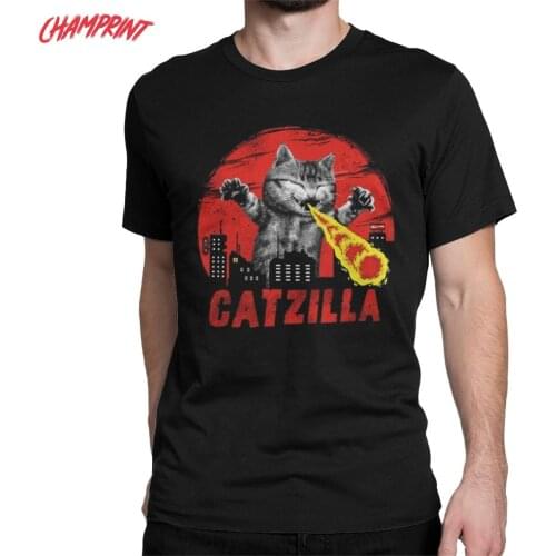 Catzilla Monster Cat Men T Shirt Japanese Kitten Lover Novelty Tees Short Sleeve Crew Neck T-Shirts Cotton Printed Tops