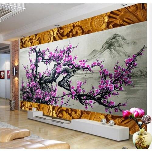 Home Decoration Wood carving border snow plum TV background wall decoration painting wallpaper for painting