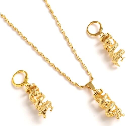 Dubai india arab Fashion Necklace Earring Set Women Party Gift 18 k Fine G/F Gold China dragon Earrings Jewelry Sets Necklace