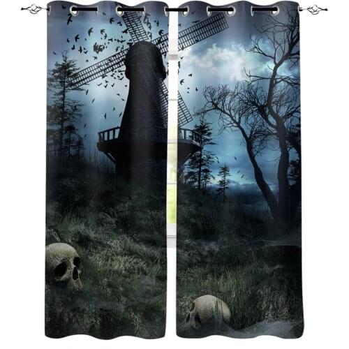 Gothic Windmill Bird Skull Head Branches Horror Print Curtains for Living Room Drapes for Kids Boy Bedroom Window Treatments