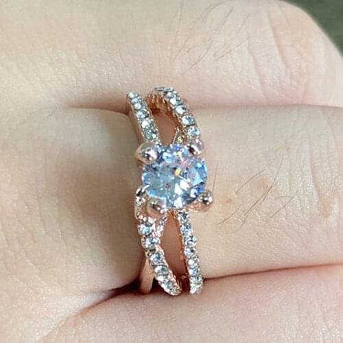 New Womens Intersecting Ring Transparent Zircon Charm Ring Rose Gold Colour Stone Wedding Party Ring Fashion Engagement Jewelry