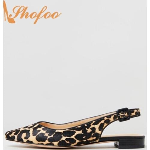 Brown Leopard Pointed Toe Slingbacks Flat Woman Buckle Strap Large Size 11 12 For Ladies Summer Shoes Fashion Holidays Dress