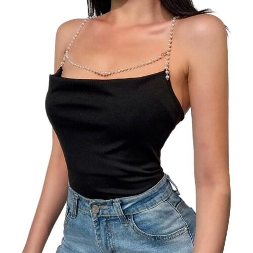 Women Sexy Pearl Chain Solid Color Tank top Sleeveless Backless Bodycon Cropped Camisole Summer Casual Tops