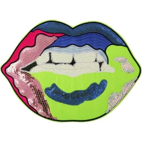 New Arrival Colorful Sequined Lips Iron on Patches for Clothes Large Mouth Sequin Embroideried Applique DIY Decoration Patch 2pc