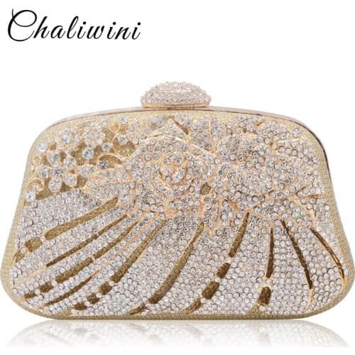 New Style Metallic Hollow Out Crystal Floral Women Evening Clutch Bag Bridal Wedding Rhinestones Knucklebox Purse Handbag