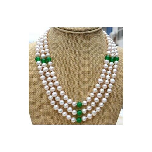 Charming Womens Jewelry 3 row white freshwater pearl jade necklace