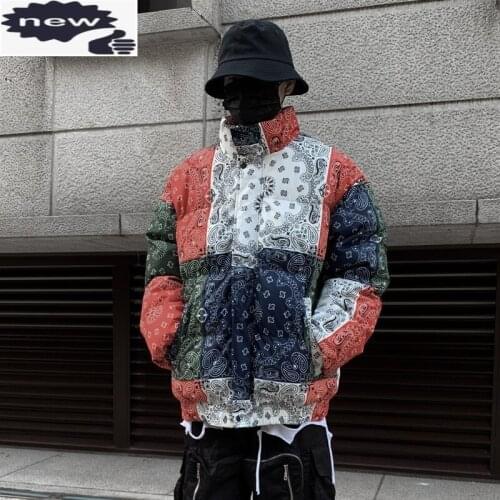 Harajuku Mens Parkas Fashion Printing Stand Collar Casual Jacket Hip Hop Winter Thick Warm Overcoat Male Streetwear Cold Coat