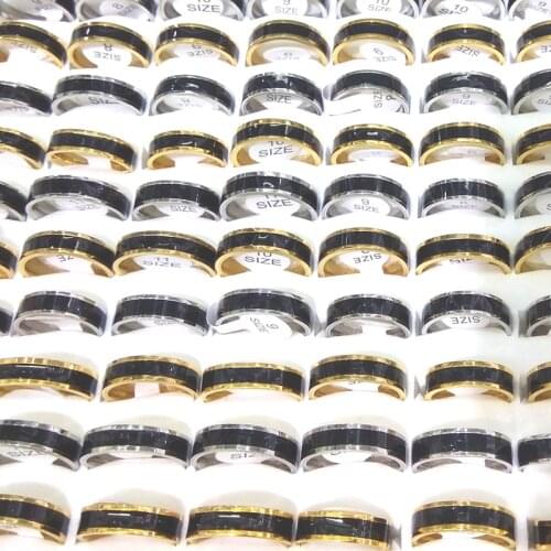 50pcs Couple Bands 6mm Width Silver Color Gold Color Stainless Steel Rings Black Inlaid Mixed Size