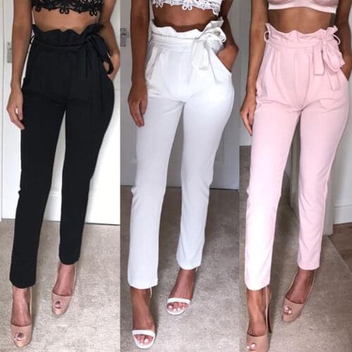 Sexy Women High Waist Slim Skinny Pants Stretchy Bow Belt Drawstring OL Pants Jeggings Pencil Palazzo Trousers