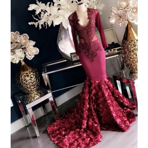 Sexy African Burgundy Mermaid Prom Dresses 2019 Long Sleeves Lace Rose Flowers Long Prom Dress Evening Party Gowns BP0434