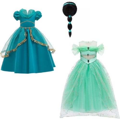 2021 New Girls Childrens Clothing Aladdin Bagic Lamp Jasmine Princess Dress Cosplay Show Dress + Wig