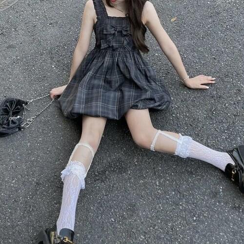 Japan Style Kawaii Strap Dress Women Bowknot Soft Sexy Backless Plaid Lolita Dress Summer Casual Sweet Princess Party Dress 2021